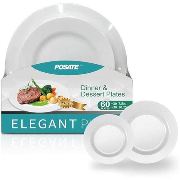 Plastic Plates Disposable 60 PCS,Heavy Duty 30 Dinner Plates & 30 Dessert Plates - Picture 3 of 7